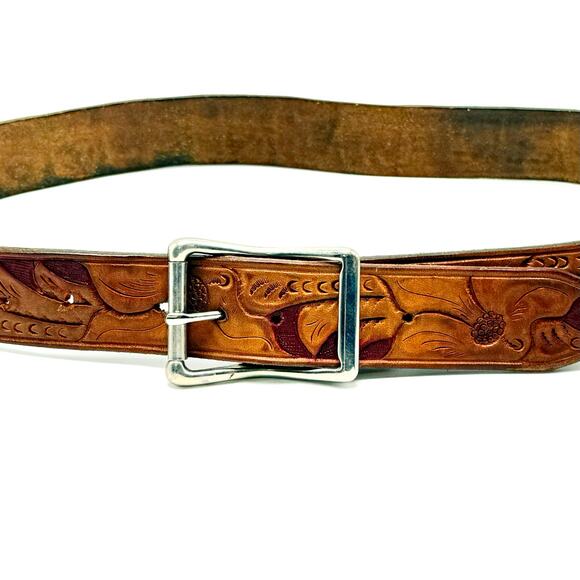 Vintage Western Cowboy Belt 30 Brown Tooled Leather Name Eugene M Hand Painted - Picture 6 of 10